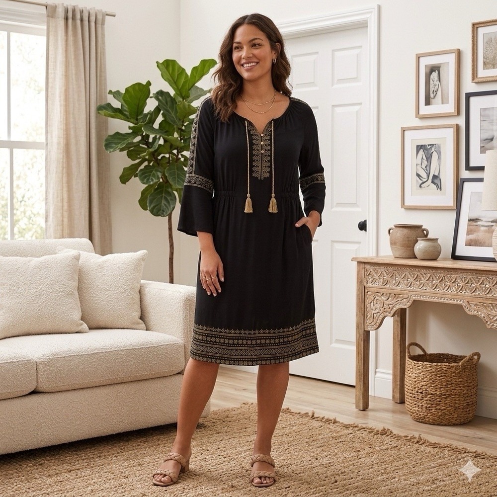 J Jill Black Midi Dress Gold Embroidery Tribal Folk Bohemian Chic Tassels S